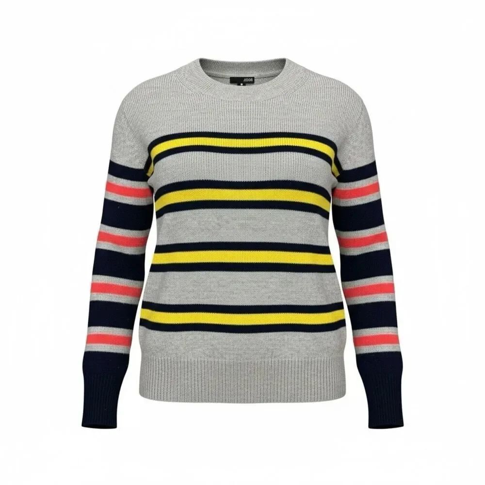 AQUA 100% Cashmere Striped Sweater Gray Multicolor Crewneck Relaxed M